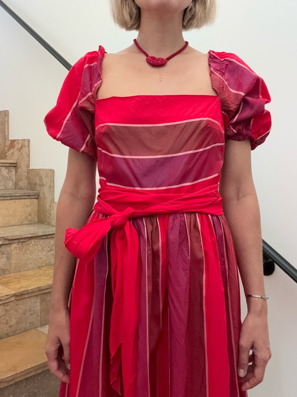 Vintage Women’s Red Taffeta Striped Puff Sleeve Midi Dress